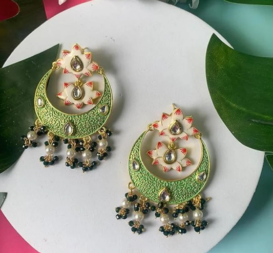 Gold Plated Traditional Handcrafted Meenakari Pearl Kundan Beaded Chandbali Earring For Women