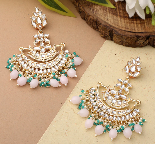 Floral Chandbali Traditional Dangler Earrings with Crystals and Multicolor Beads for Women